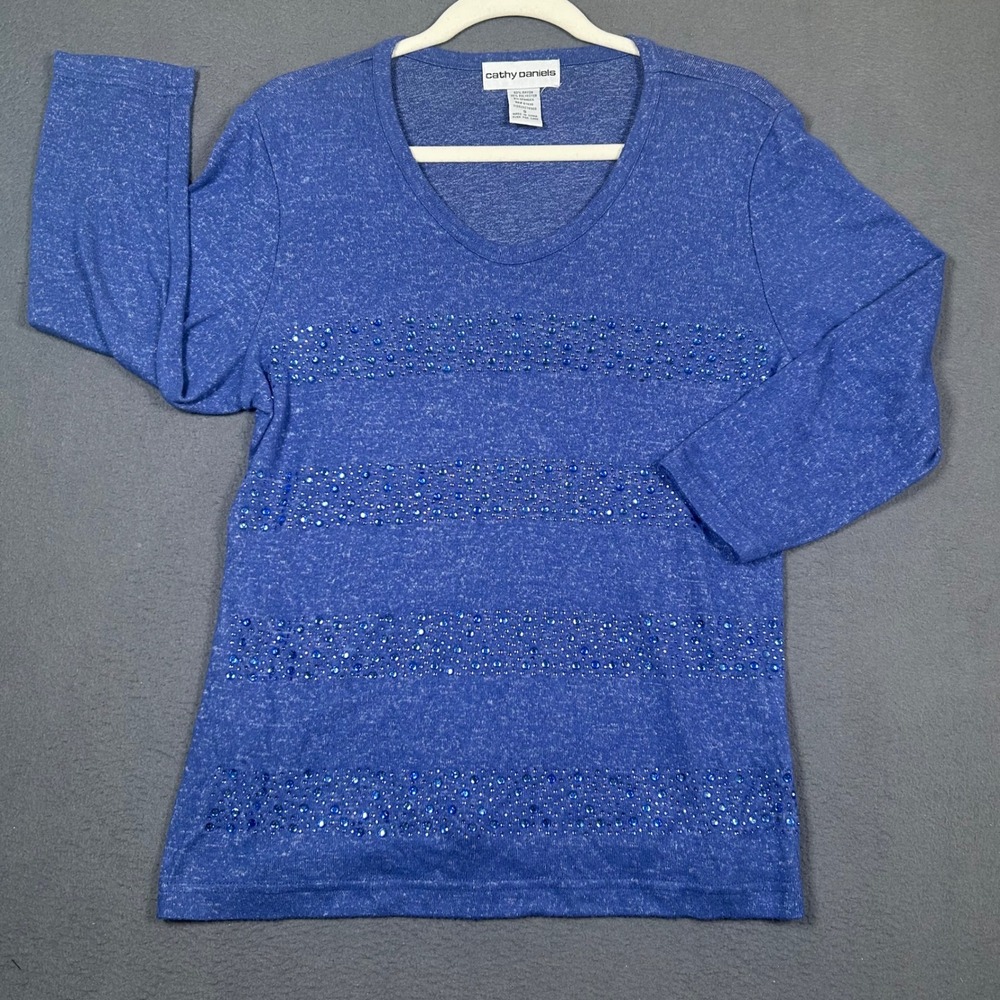 Cathy Daniels Top Womens S Blue Rhinestone V-Neck Long Sleeve Heathered Bling